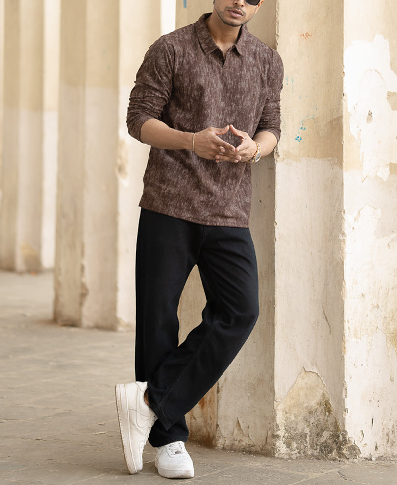 Brown Corduroy Full Sleeves Regular Fit T-Shirt