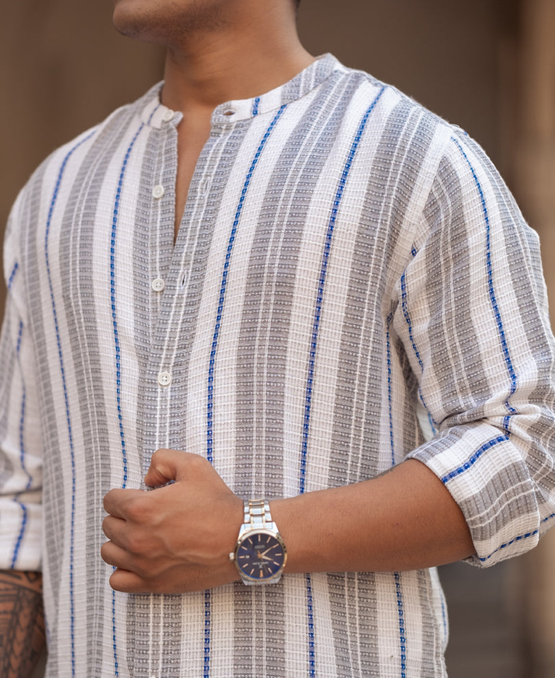 White And Grey Stripes Regular Fit Full Sleeves Shirt