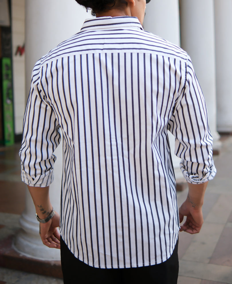 White And Black Stripes Regular Fit Full Sleeves Shirt