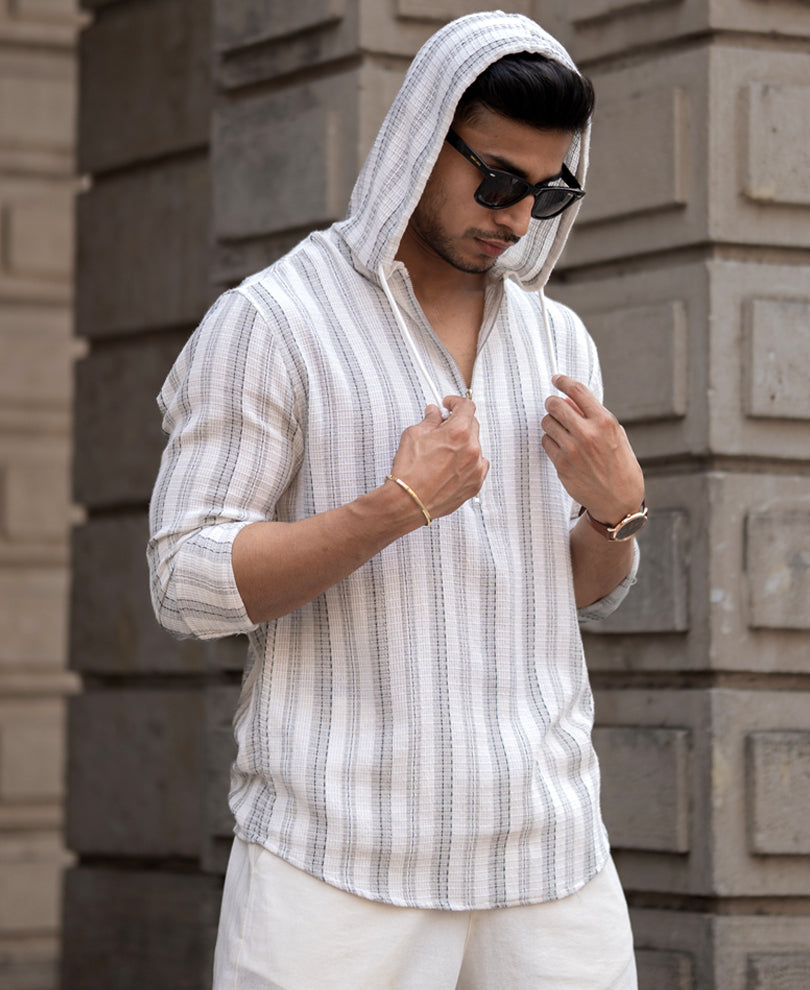 Grey Structured Stripe Hoodie Shirt