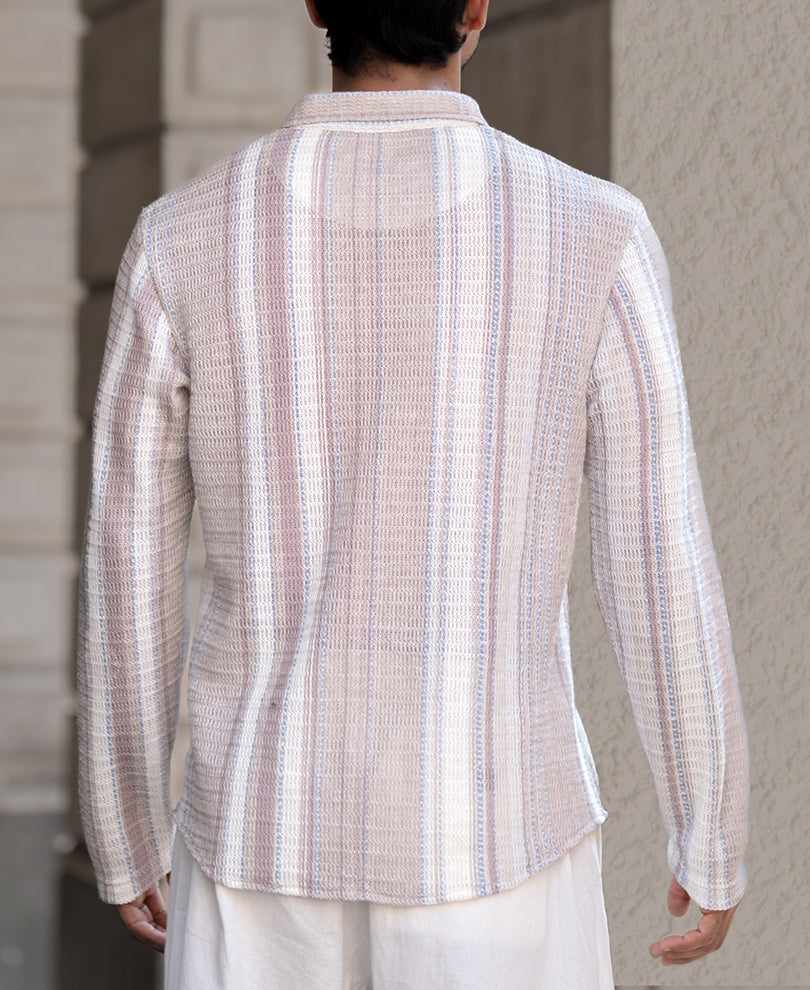 Beige Structured Regular Fit Full Sleeves T-Shirt