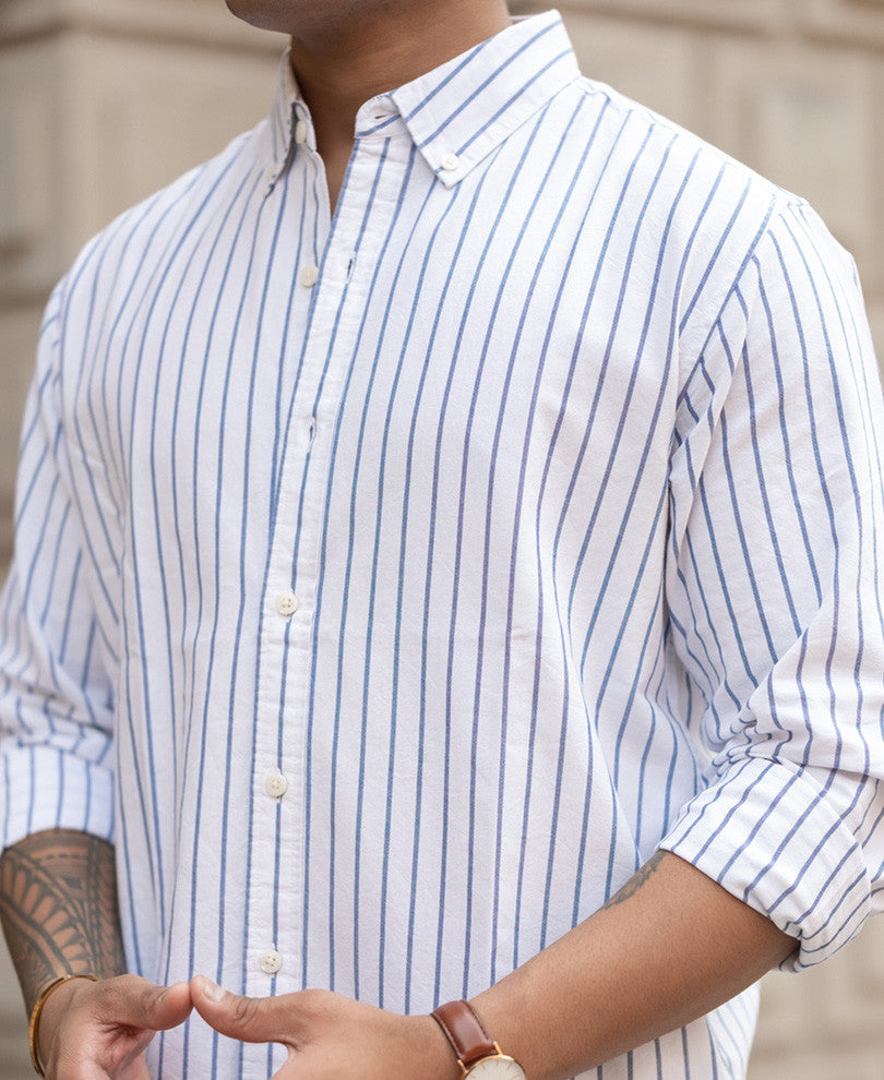 White And Blue Striped Regular Fit Shirt