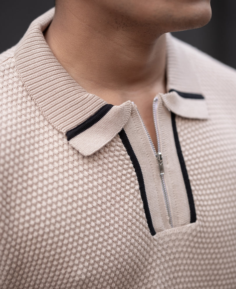 Beige Regular Fit Full Sleeves Polo T-Shirt