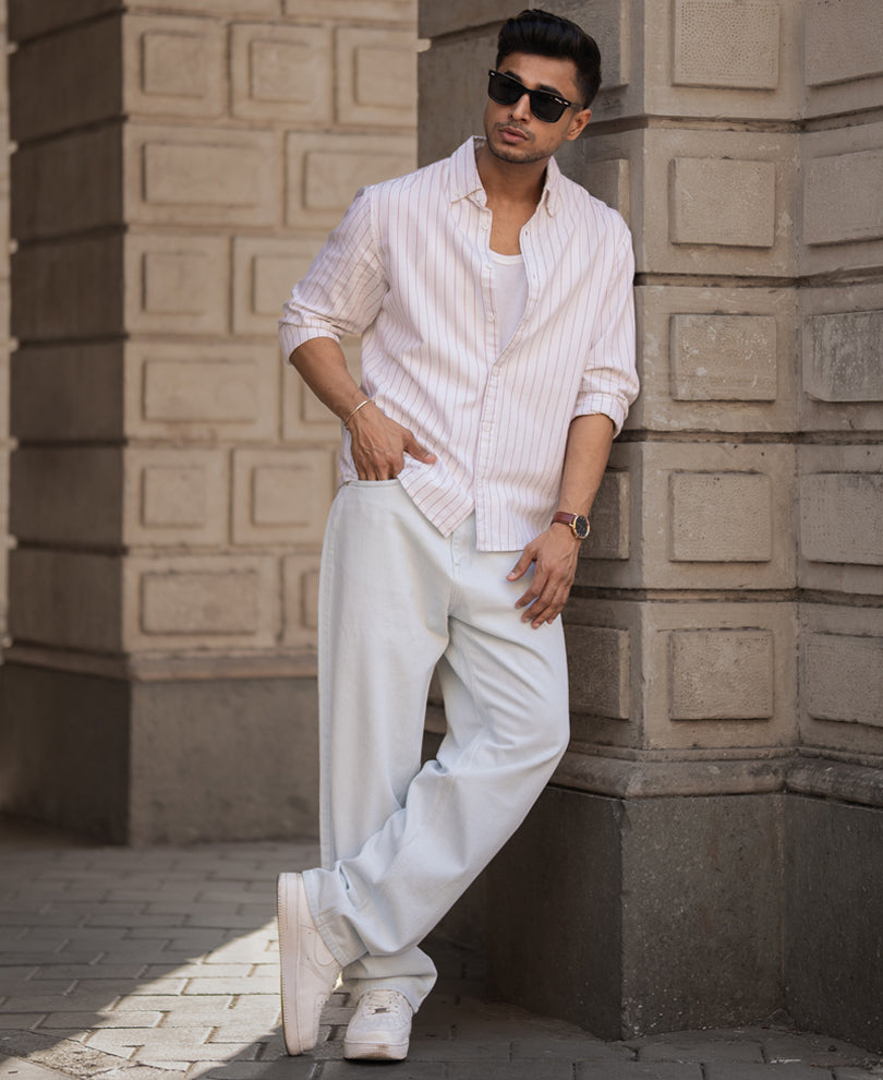 White And Maroon Striped Regular Fit Full Sleeves Shirt