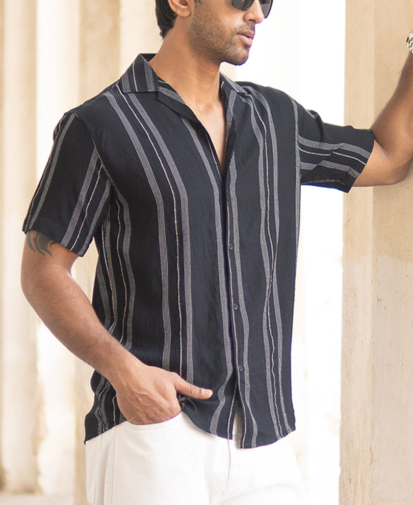 Black Micro Striped Flowy Shirt