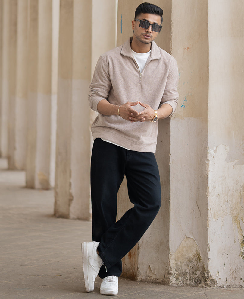 Beige Quarter Zip Polo T-Shirt