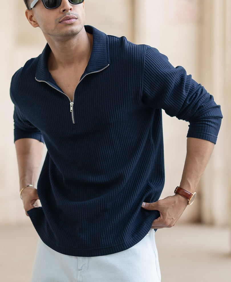 Navy Zip Polo T-Shirt