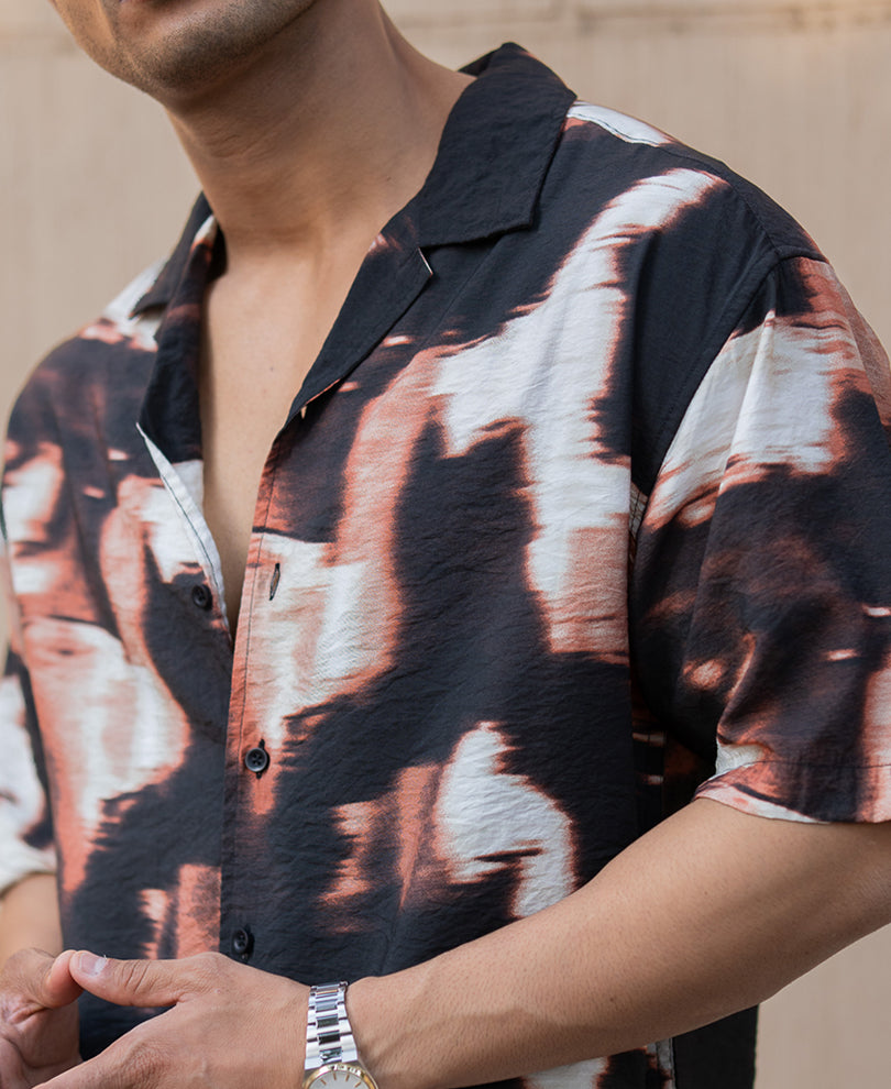 Dark Brown Cuban Printed Oversized Shirt