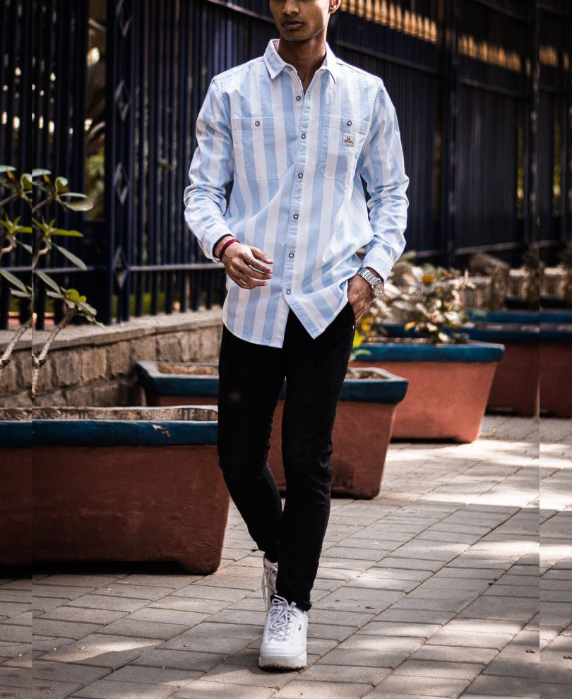 Sky Blue and White Stripe Denim Full Sleeves Shirt