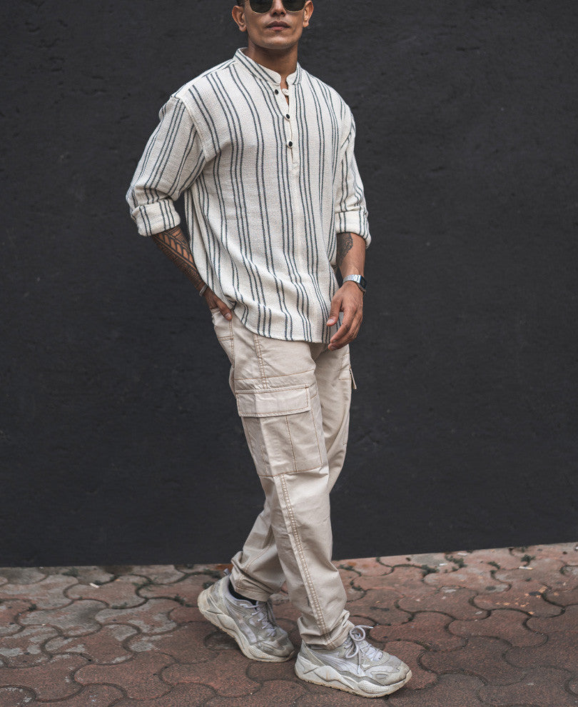 Cream and Black Structured Striped Kurta Style Oversized Shirt