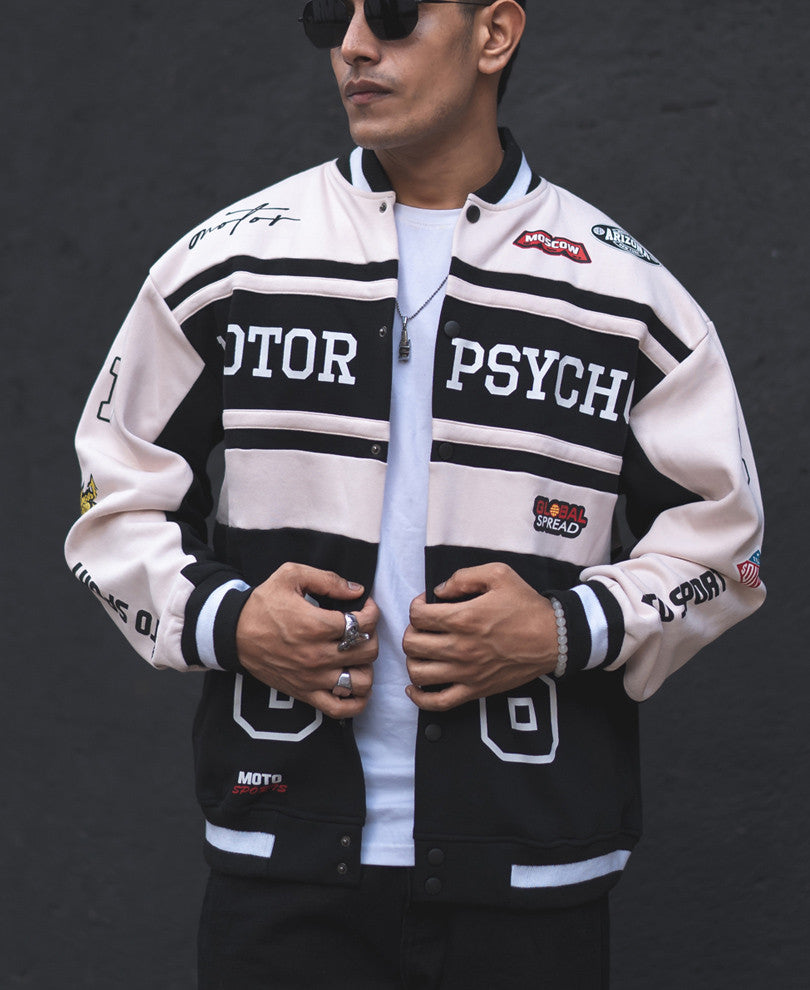 Beige and Black Motor Psycho Oversized Varsity Jacket