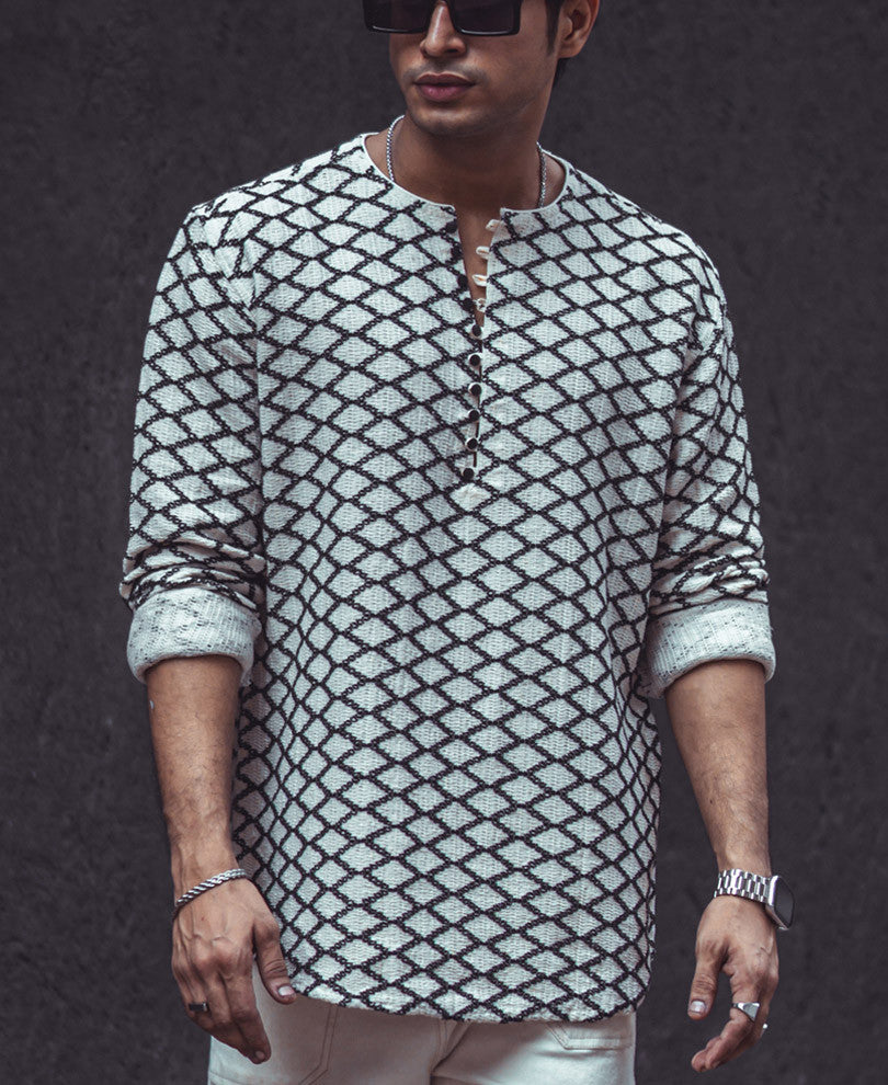 White Structured Rhombi Full Sleeves Kurta Style Shirt