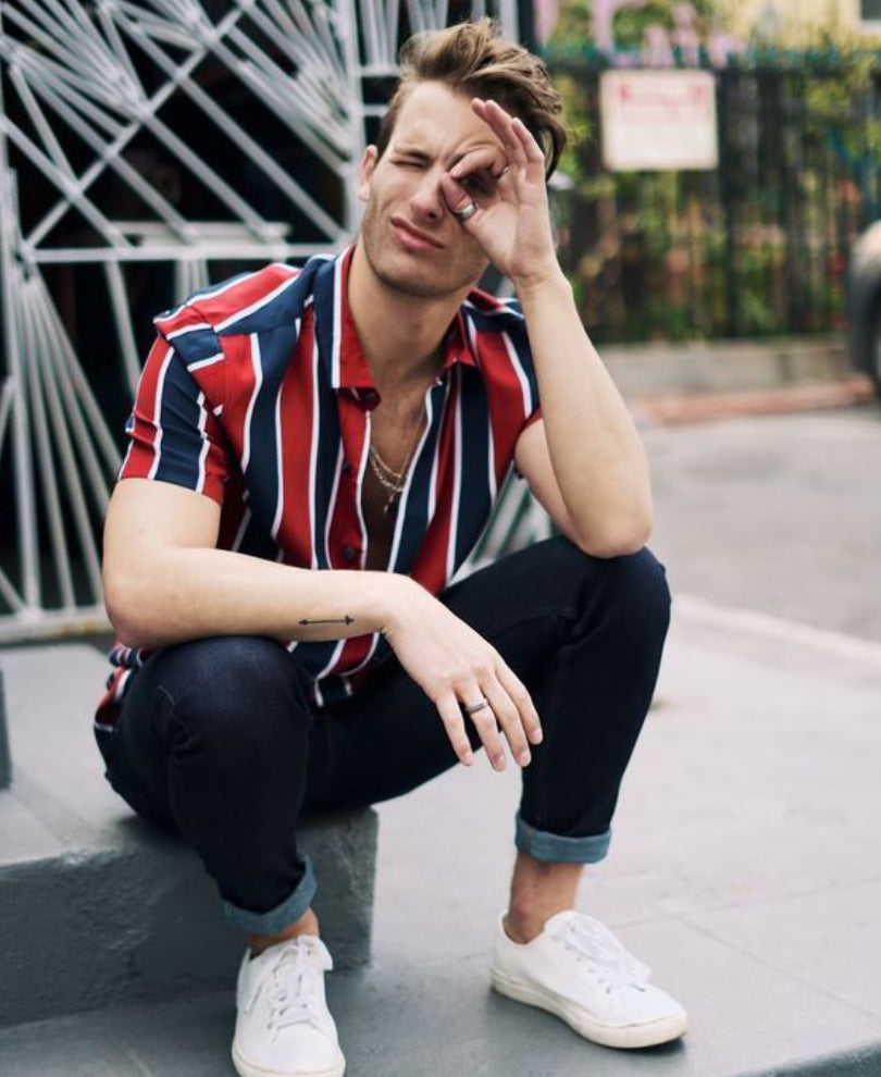 Red And Blue Stripes Print Half Sleeves Shirt