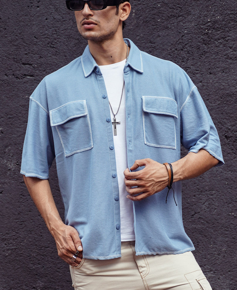 Sky Blue Contrast Stitch Knitted Shacket Oversize Drop Shoulder Shirt