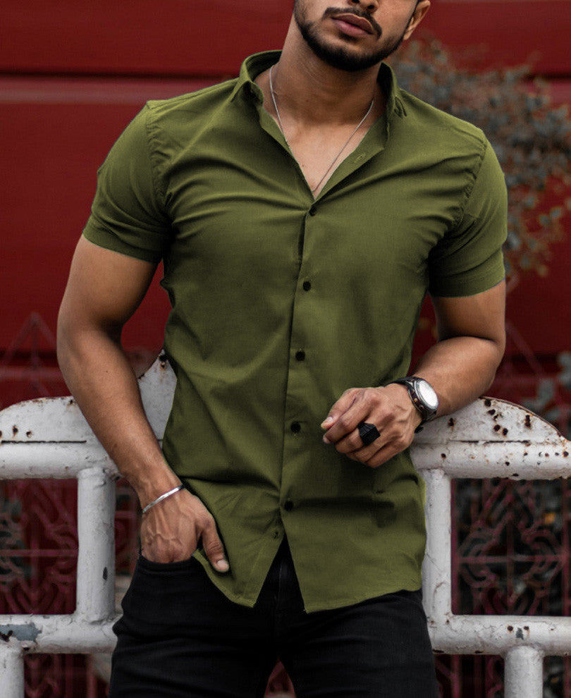 Urban Olive Green Stretchable Solid Half Sleeves Shirt