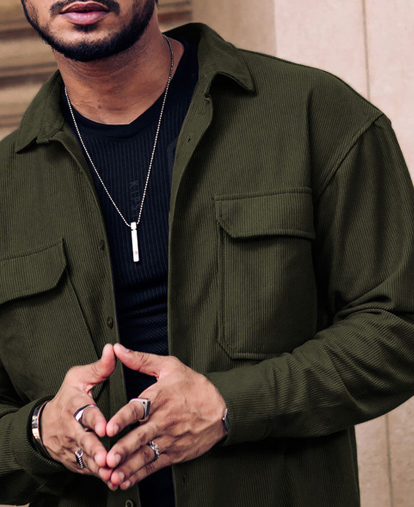 Olive Green Chest Pocket Shacket Oversize Drop Shoulder Shirt