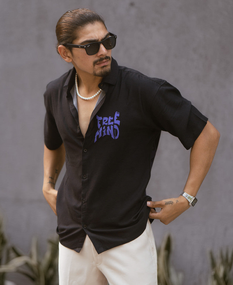 Black Free Mind Back Print Oversize Drop Shoulder Shirt