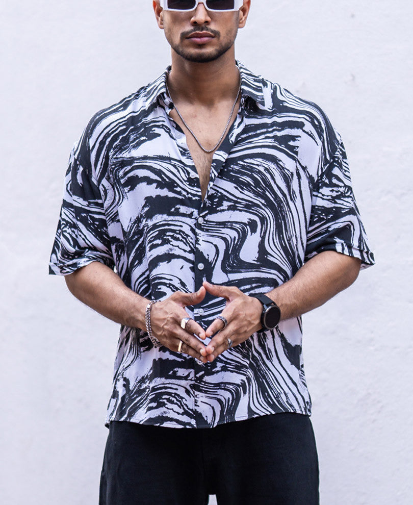 Black Abstract Print Oversize Drop Shoulder Shirt