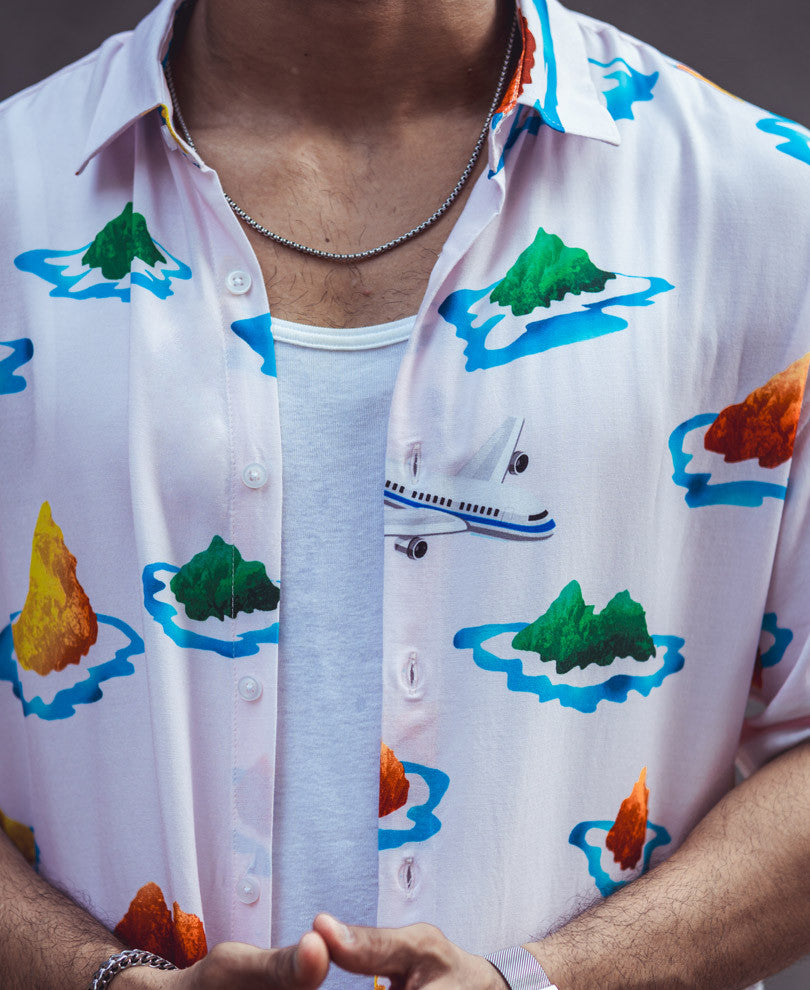 Light Pink Island Print Oversize Drop Shoulder Shirt