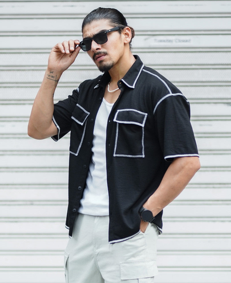Black Contrast Stitch Oversize Drop Shoulder Shirt
