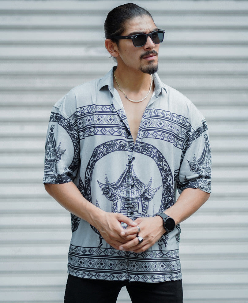 Grey Vintage Print Oversize Drop Shoulder Shirt