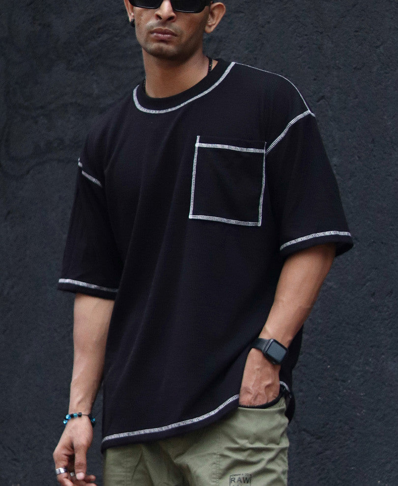Black Contrast Stitch Oversize Drop Shoulder T Shirt