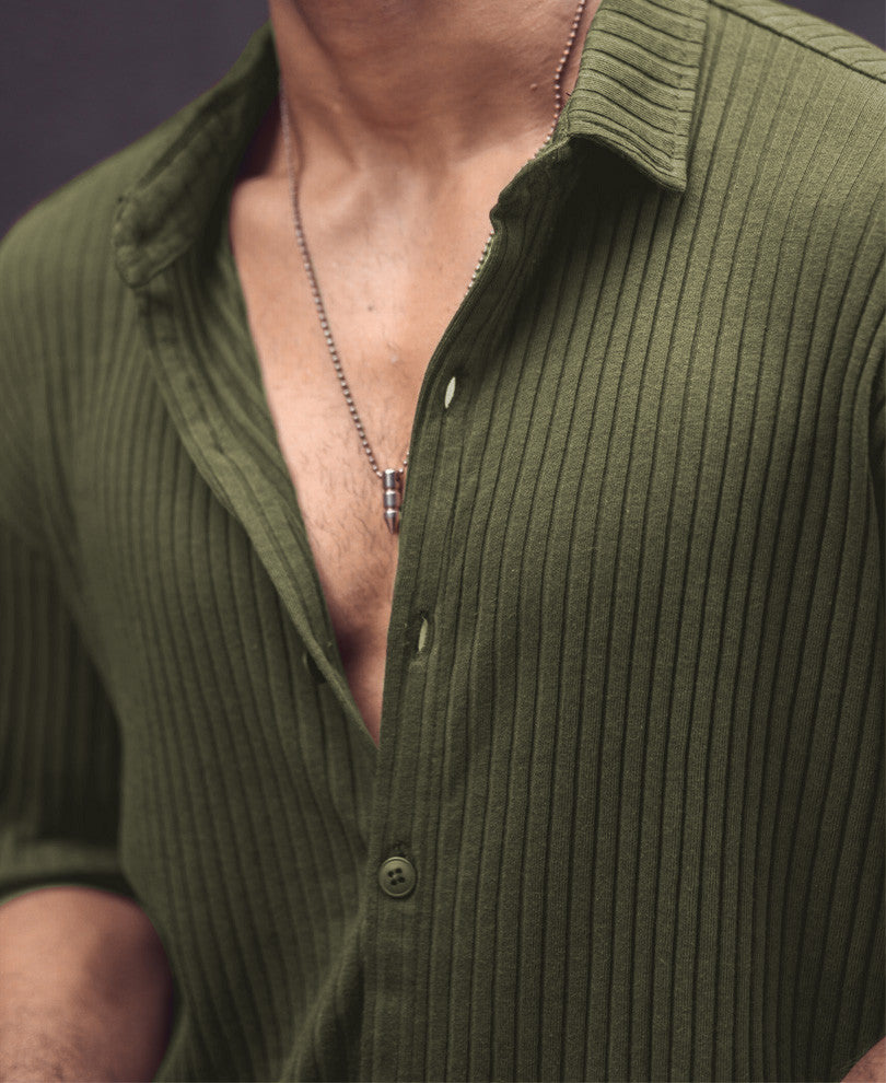 Olive Green Rib-Knit Oversize Drop Shoulder Shirt