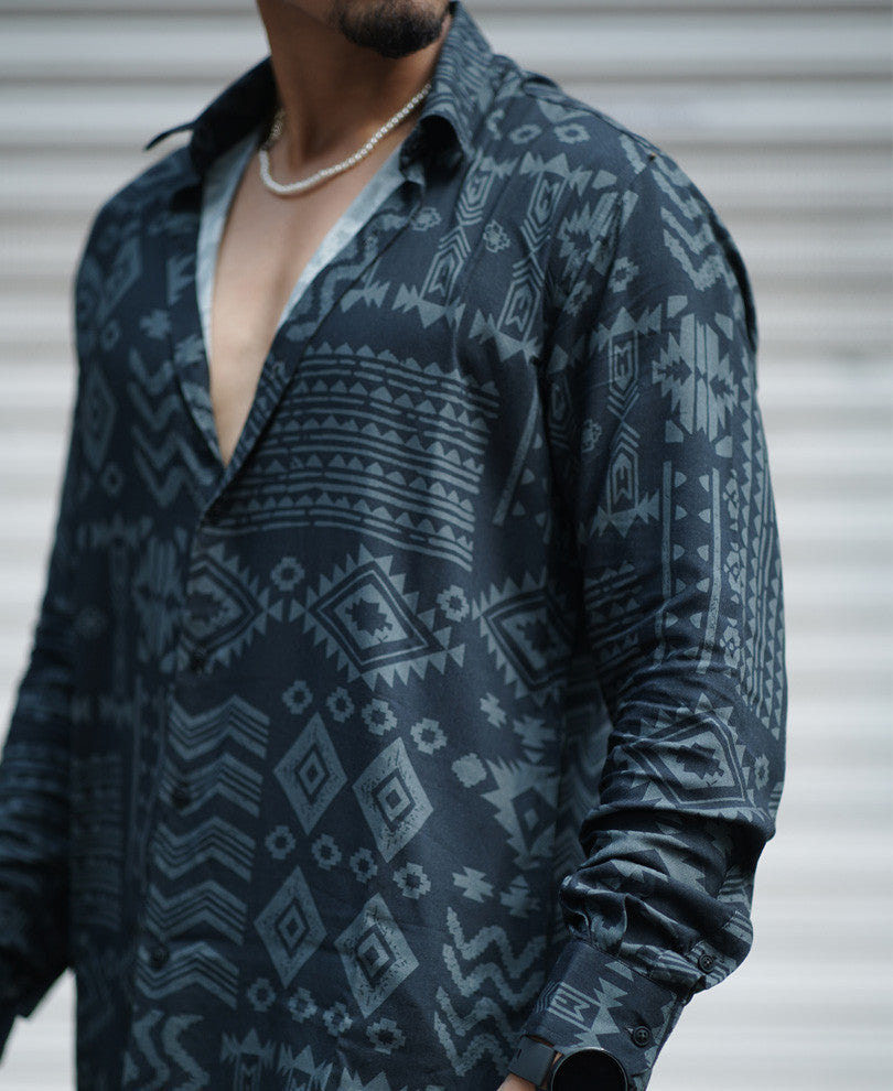 Dark Grey Ethnic Style Print Full Sleeves Shirt