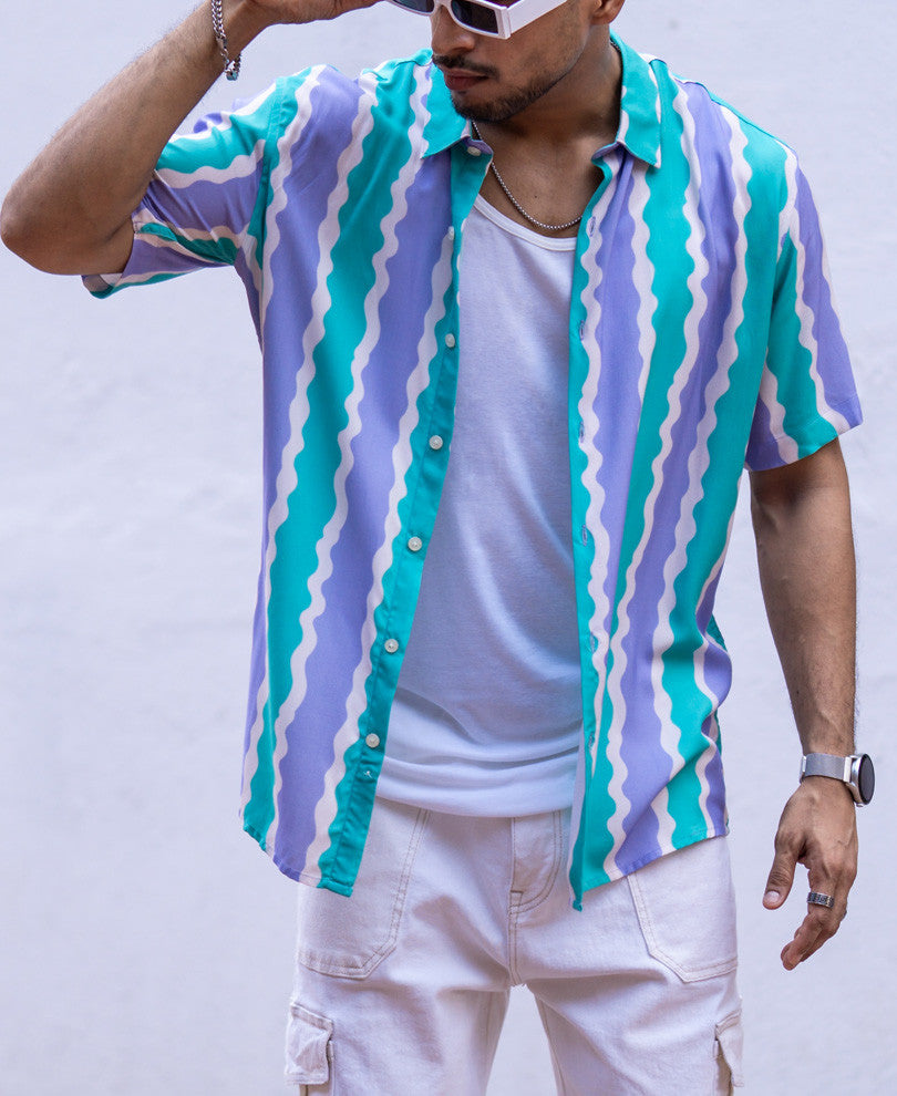 Purple And Green Striped Half Sleeves Shirt