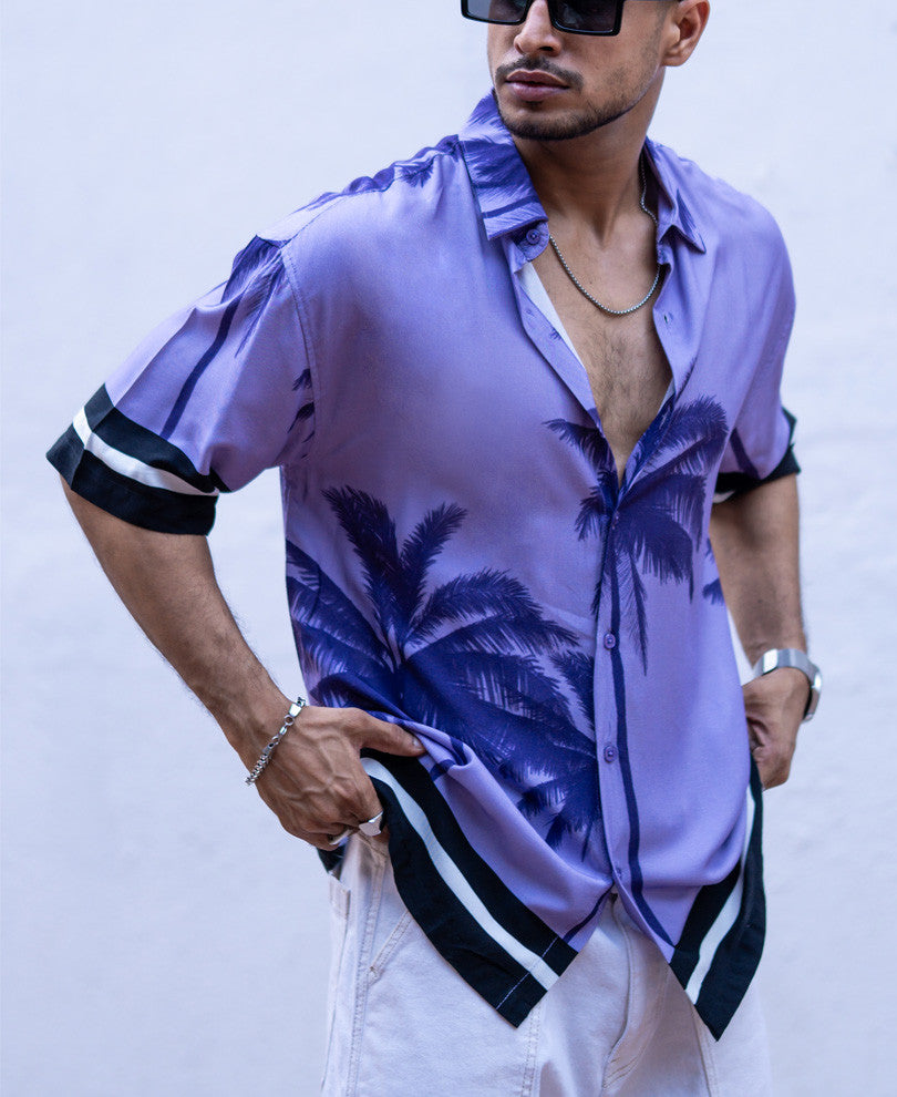 Purple Palm Tree Print Oversize Drop Shoulder Shirt