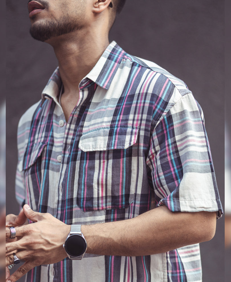Multi Color Pocket Checks Oversize Drop Shoulder Shirt