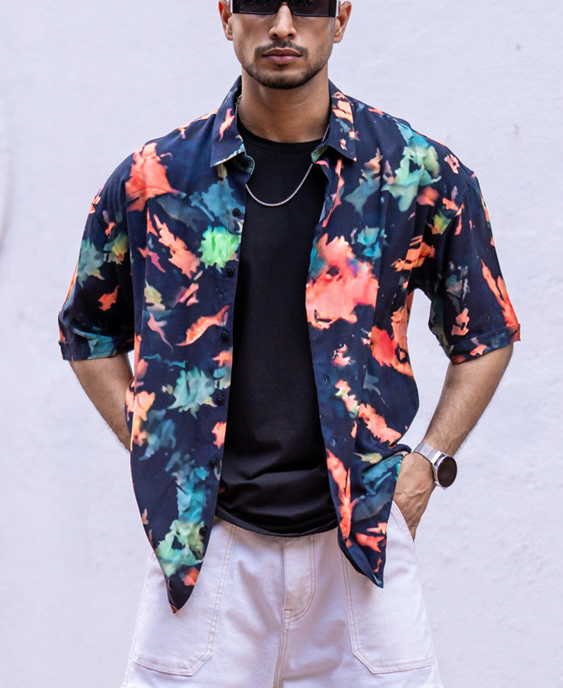 Navy Blue Tie Dye Print Oversize Drop Shoulder Shirt