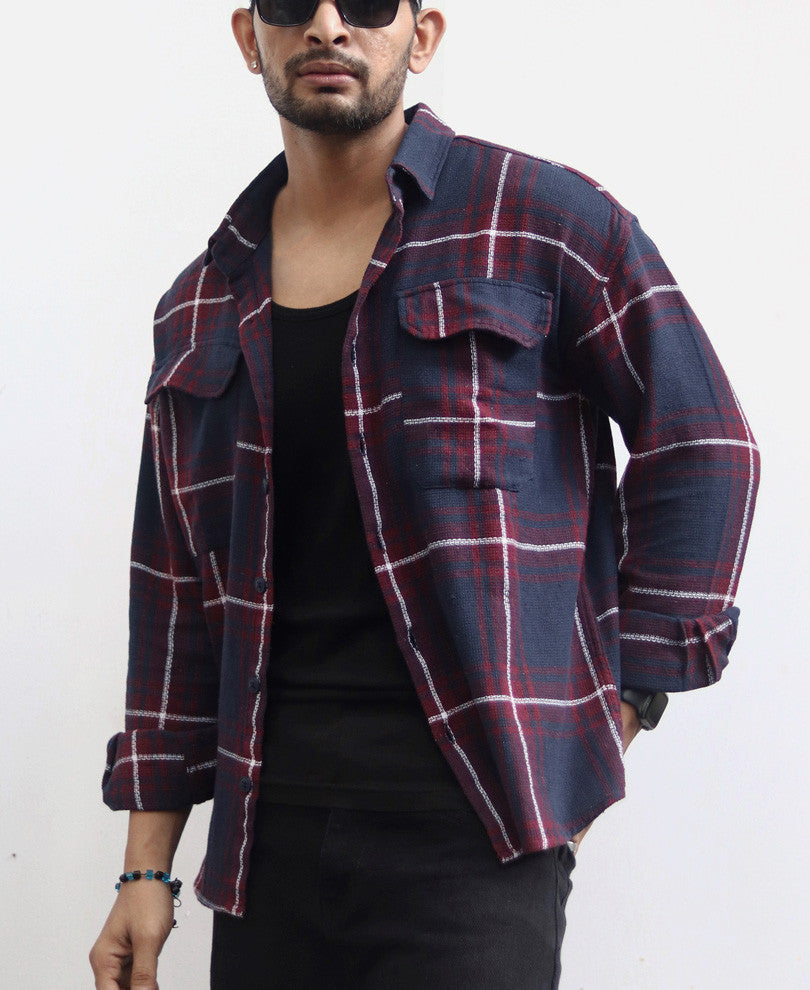 Maroon And Navy Blue Structured Checks Shacket Oversize Drop Shoulder Shirt