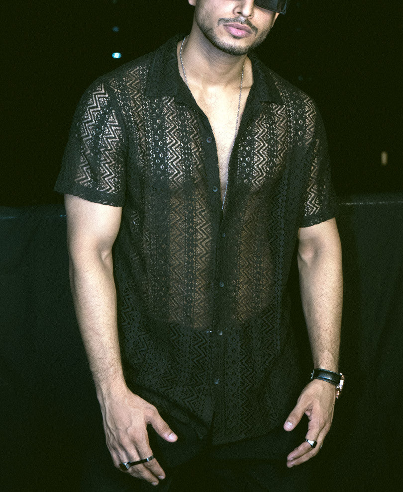 Black Sheer Pattern Half Sleeves Shirt
