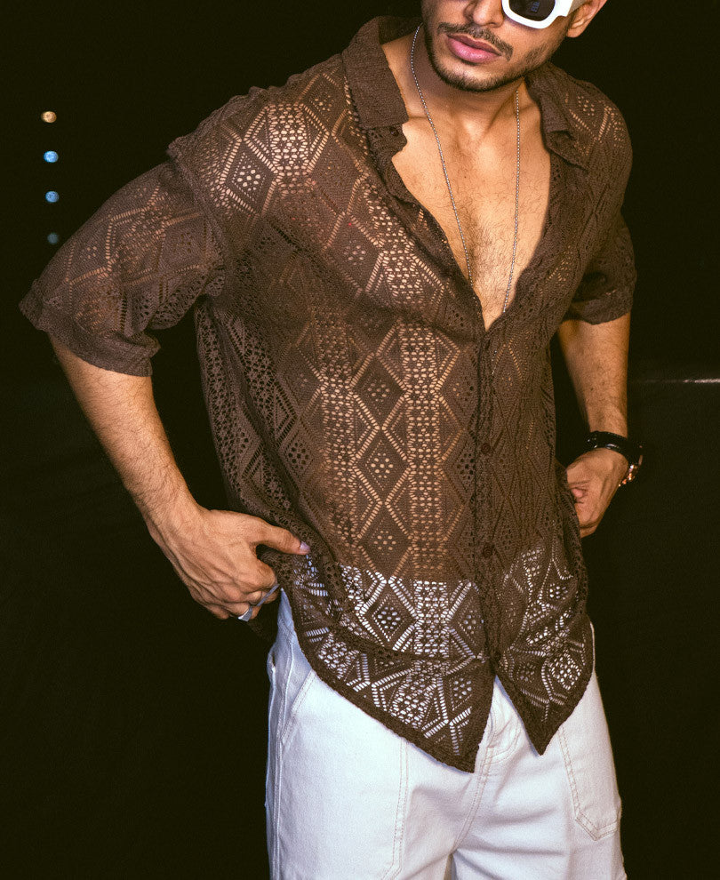Dark Brown Sheer Pattern Oversize Drop Shoulder Shirt