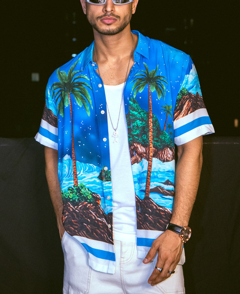 Blue Beach Print Oversize Drop Shoulder Shirt