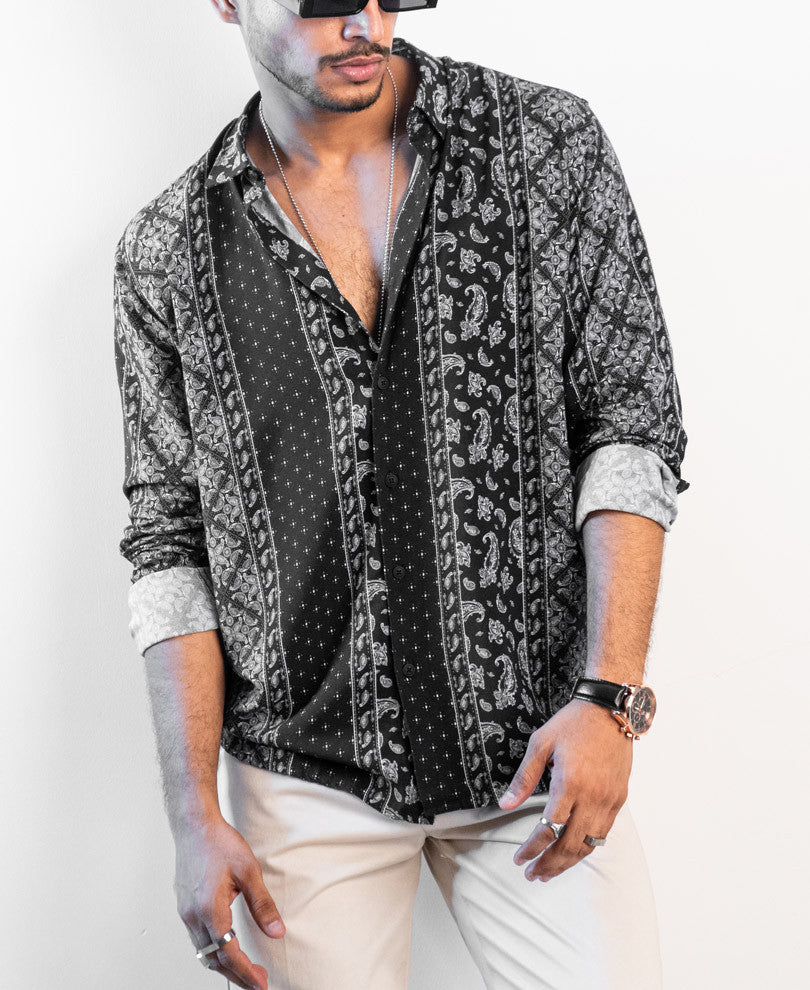 Black Ethnic Motifs Print Oversize Drop Shoulder Shirt
