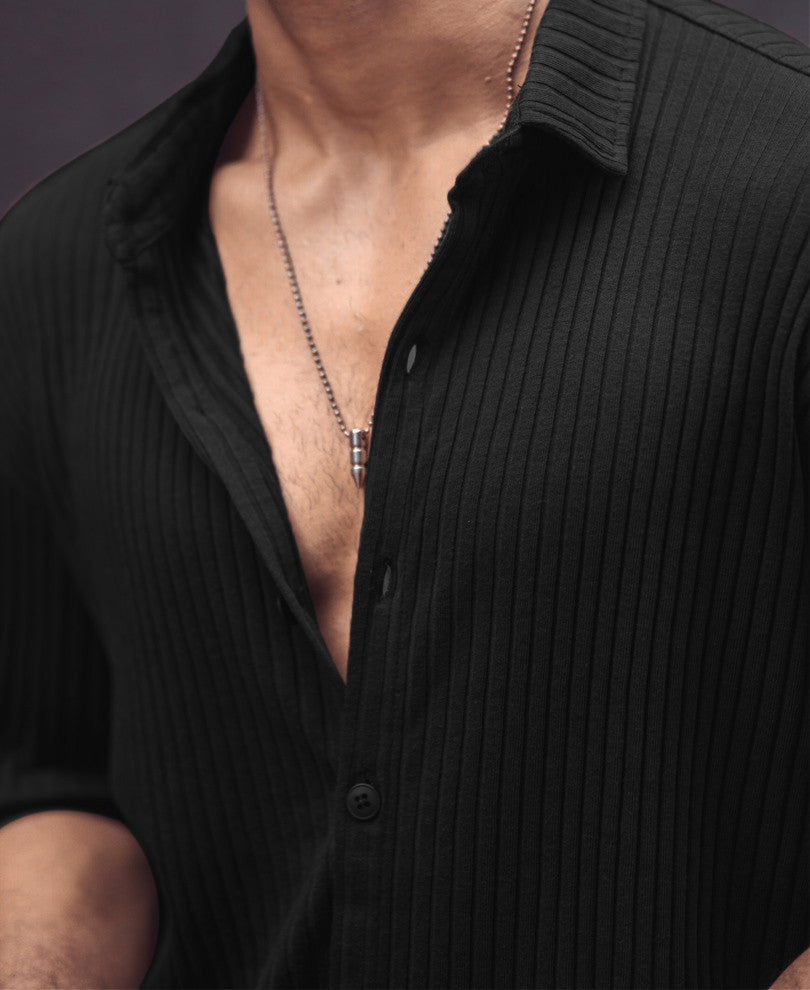 Black Rib-Knit Oversize Drop Shoulder Shirt