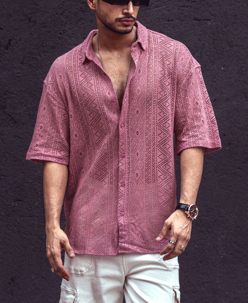 Peach Sheer Pattern Oversize Drop Shoulder Shirt