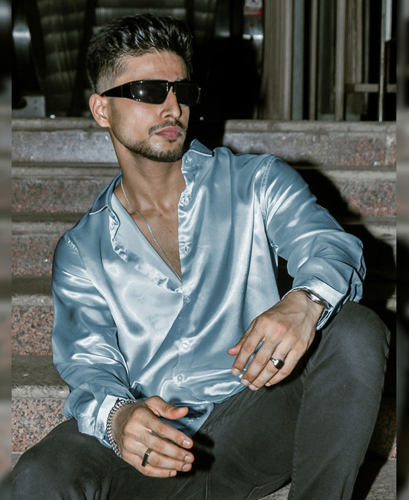 Blue Grey Satin Full Sleeves Shirt