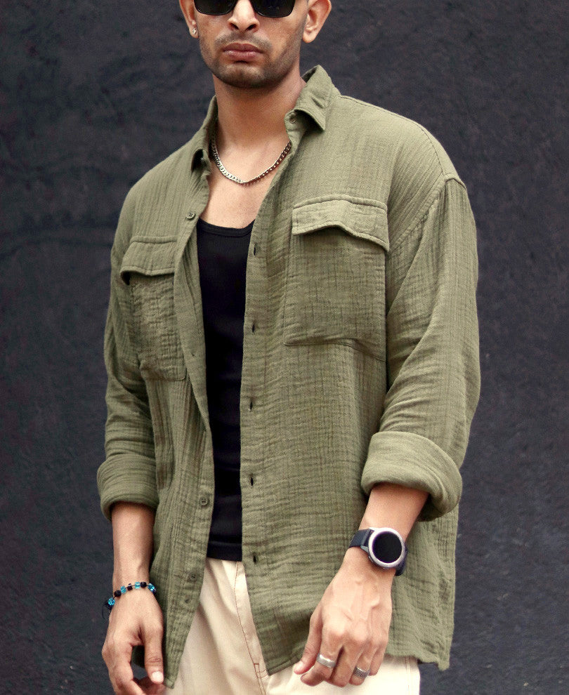 Olive Green Textured Shacket Oversize Drop Shoulder Shirt