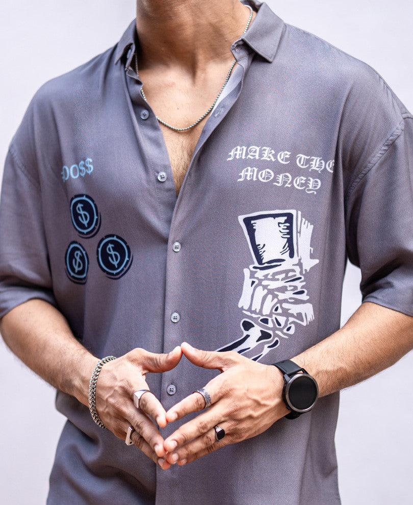Grey King Print Oversize Drop Shoulder Shirt