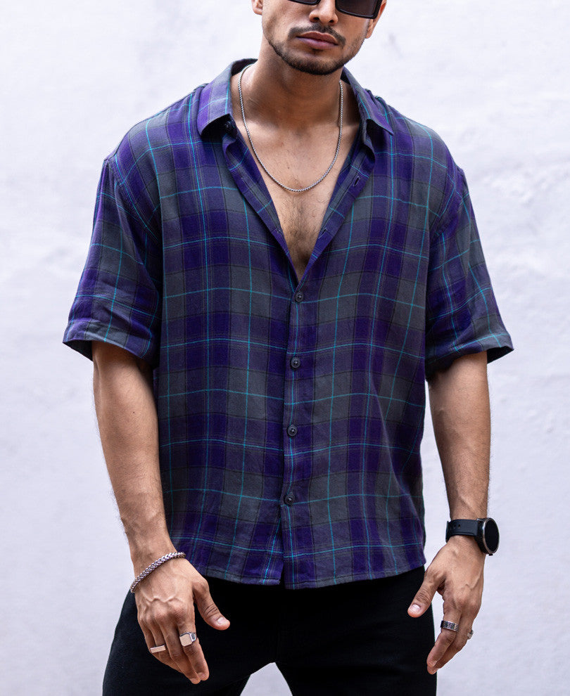Purple Plaid Checks Oversize Drop Shoulder Shirt