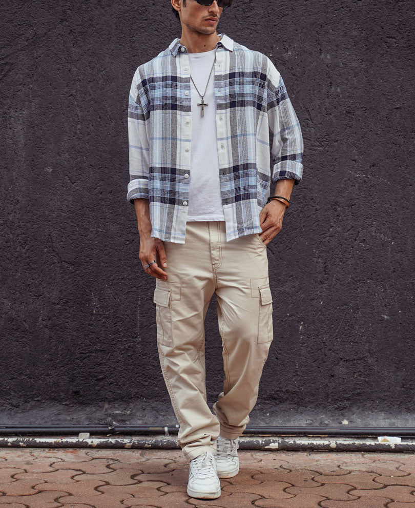 White and Blue Structured Checks Oversize Drop Shoulder Shirt