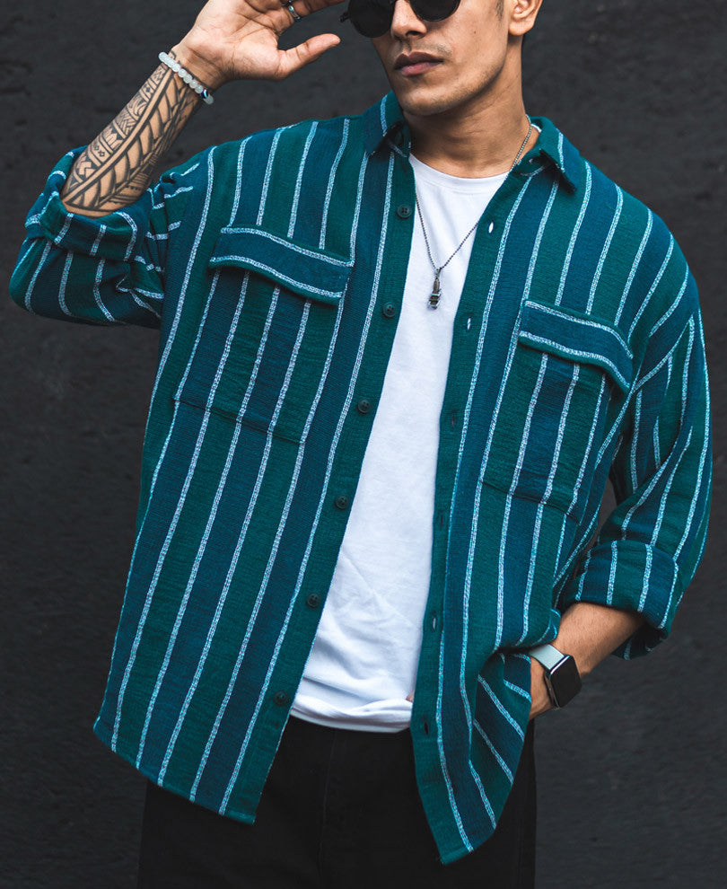 Green and Blue Structured Shacket Striped Oversized Shirt