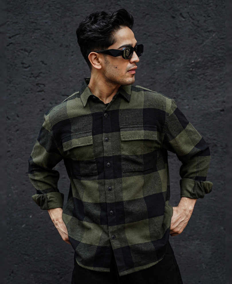 Olive Green Flannel Checks Oversized Shirt