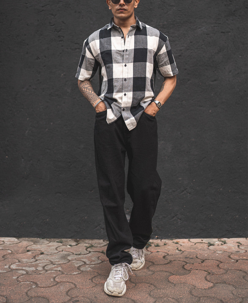 Black And Cream Checks Oversize Drop Shoulder Shirt