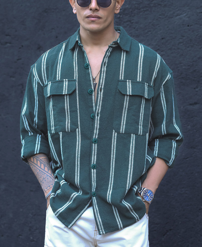 Olive Green Structured Striped Shacket Oversized Shirt