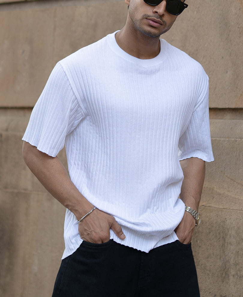 White Rib Knit T-Shirt
