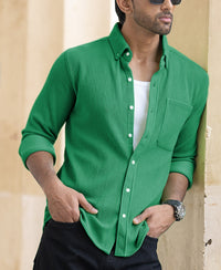 Green Corduroy Regular Fit Full Sleeves Shirt